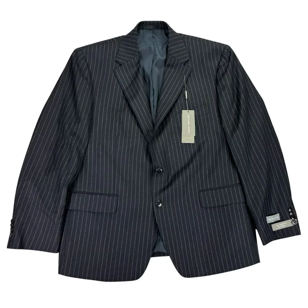 Michael Kors Mens Pinstripe Classic Fit Stretch Wool Suit Jacket Navy Blue 44S
